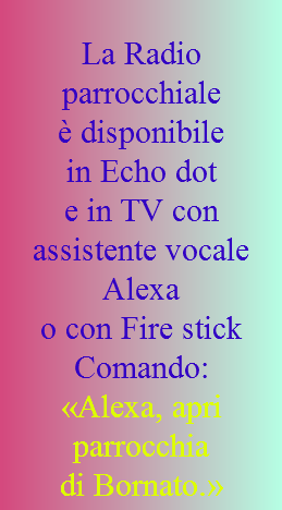  La Radio parrocchiale  è disponibile  in Echo dot  e in TV con assistente vocale Alexa  o con Fire stick Comando:  «Alexa, apri parrocchia  di Bornato.»